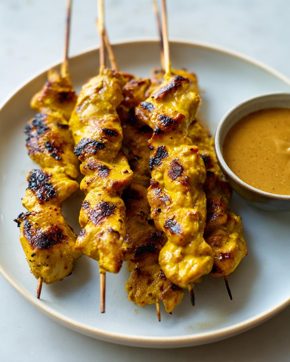 Close-up of grilled, yellow-marinated chicken satay skewers served on a plate next to a small bowl of peanut sauce.