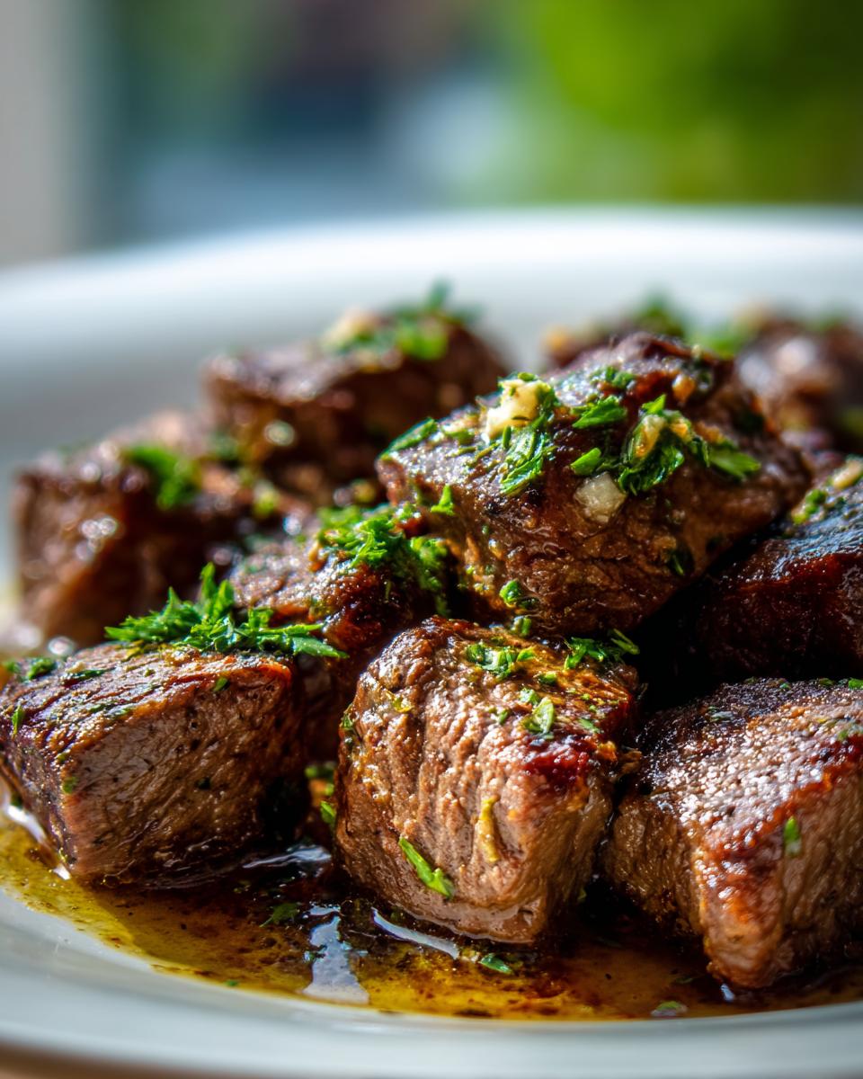Close-up of tender crockpot steak bites coated in savory juices and topped with fresh minced garlic and parsley.