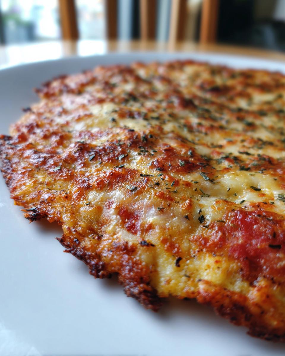 Close-up of a golden brown, cheesy keto pizza crust topped with herbs, showing crispy edges.