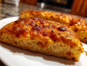 Close-up of a thick, golden-brown slice of keto pizza crust showing a fluffy interior texture.
