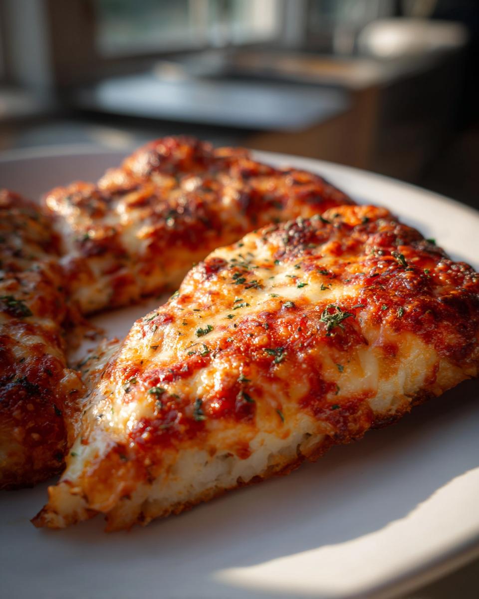 Close-up of three slices of keto pizza crust topped with melted, bubbly cheese and tomato sauce.