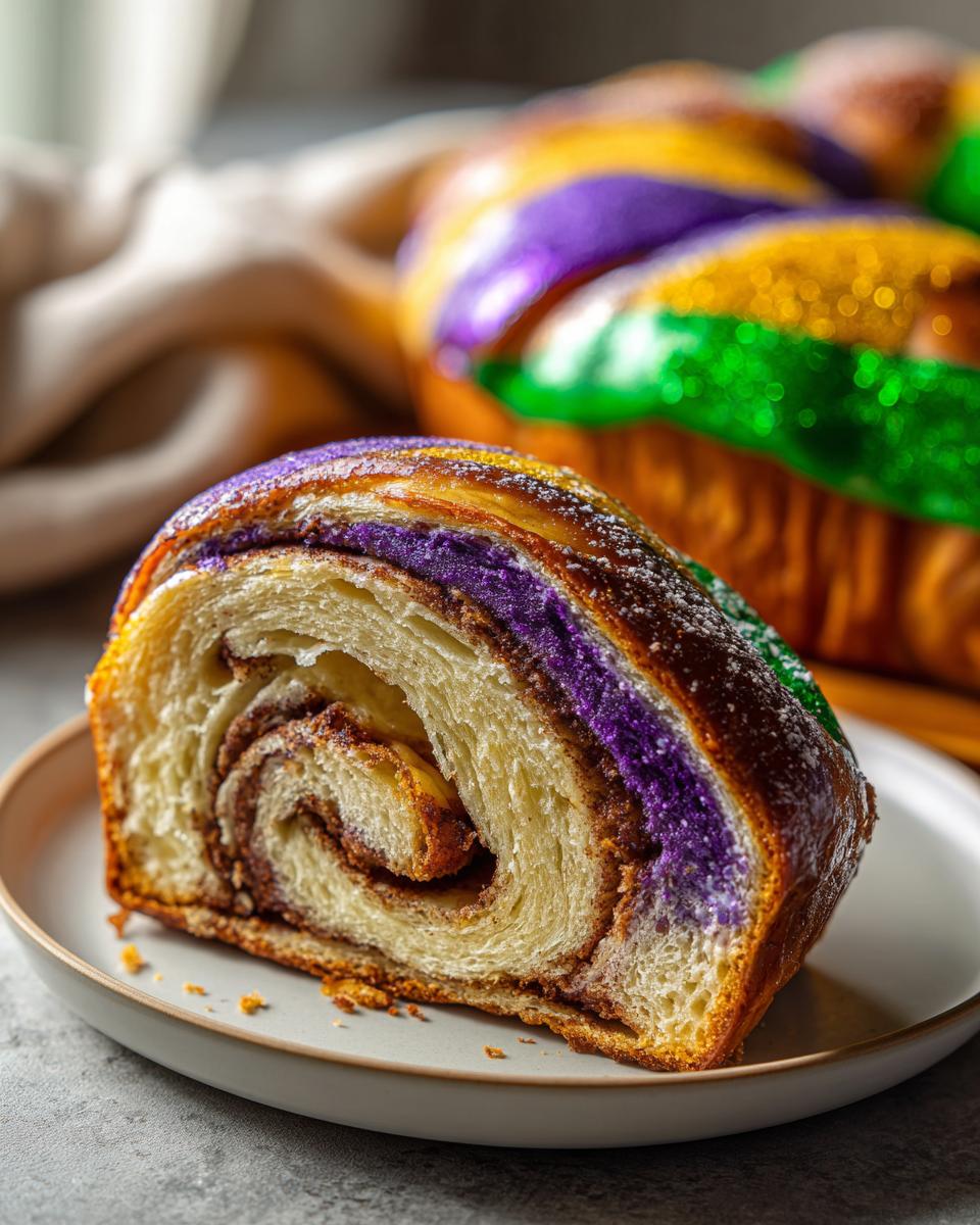 Close-up of a slice of King Cake showing the layered, swirled dough, purple icing, and cinnamon filling.