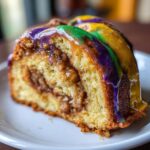 Close-up of a moist slice of King Cake showing cinnamon swirl filling and colorful purple, green, and gold icing.