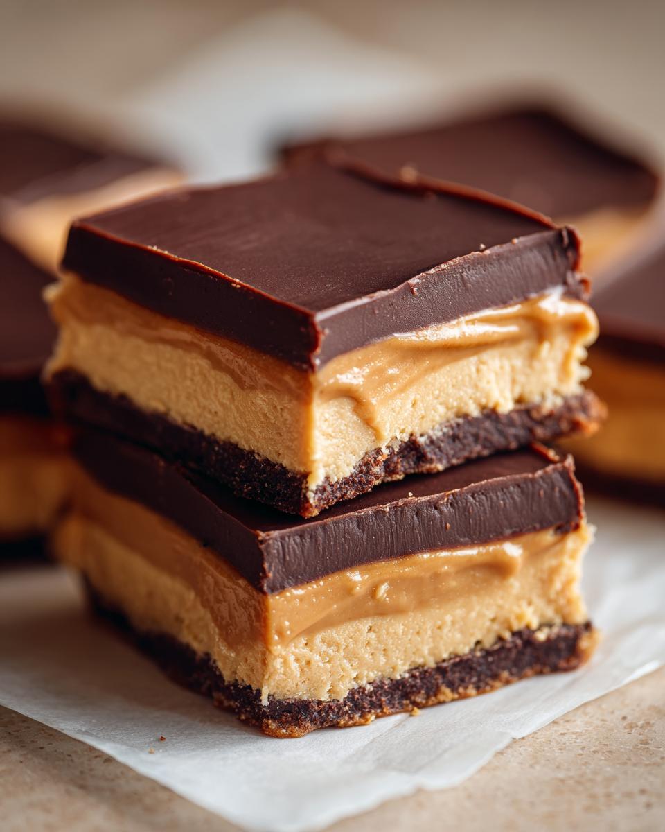 Two stacked squares of rich buckeye fudge with a dark chocolate top layer and thick peanut butter filling over a dark crust.