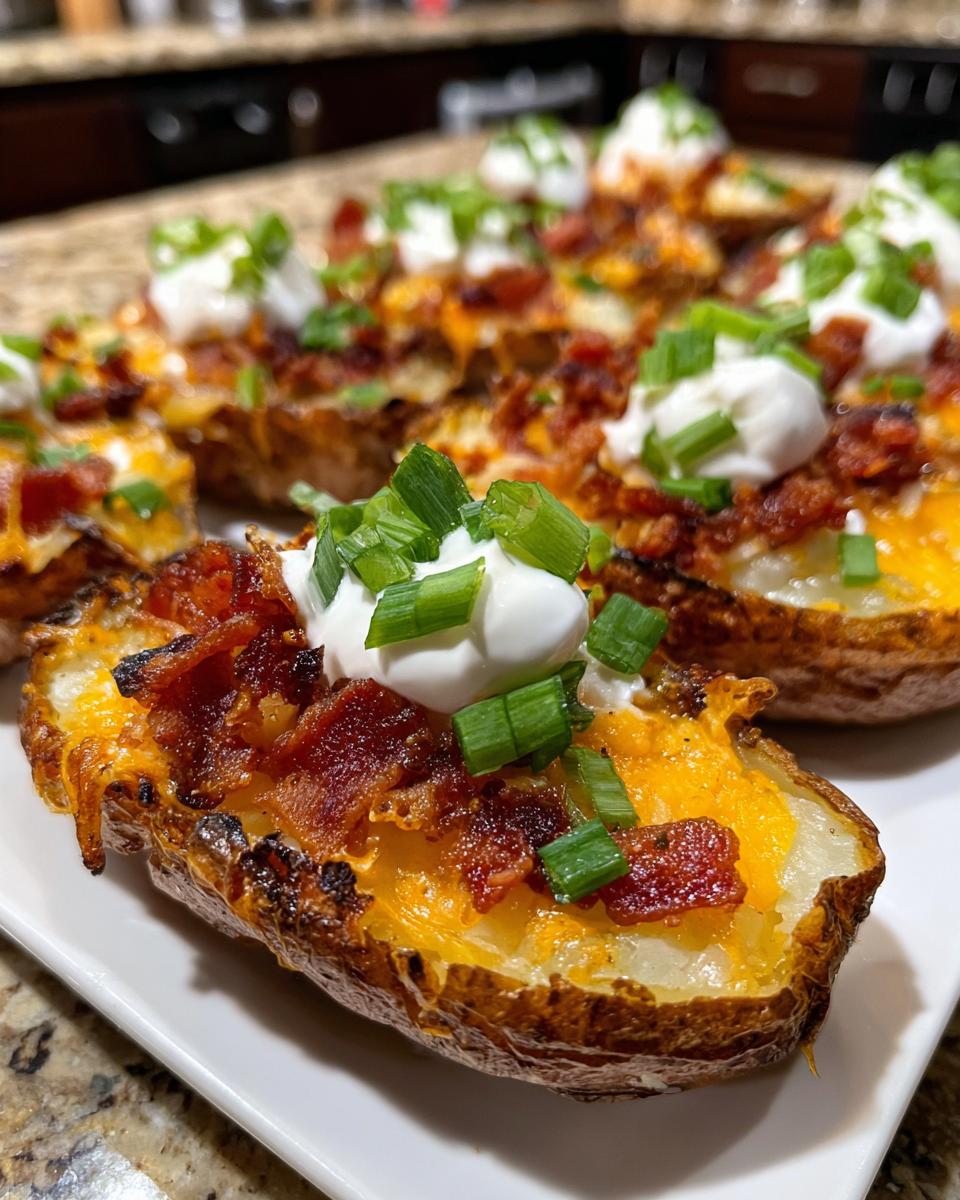 Close-up of fully loaded potato skins topped with melted cheddar cheese, crispy bacon, sour cream, and fresh green onions.