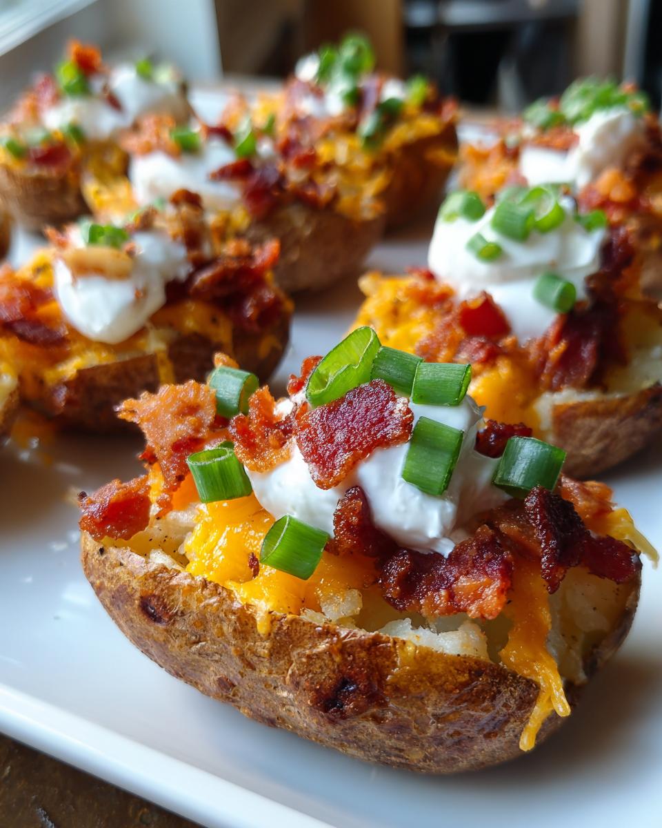 Close-up of a fully loaded potato skins appetizer topped with melted cheese, bacon, sour cream, and green onions.