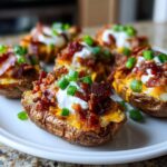 Close-up of several loaded potato skins topped with melted cheese, crispy bacon bits, sour cream, and chopped green onions.