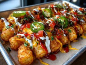 Close-up of a tray filled with crispy tater tot nachos loaded with cheese, ground meat, tomatoes, sour cream, and jalapeño slices.