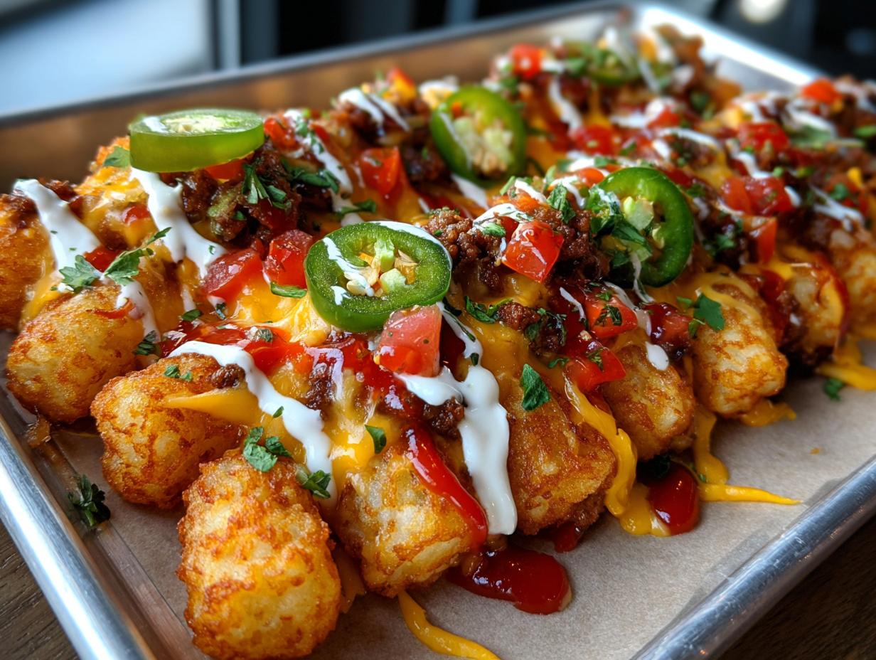 Close-up of a tray filled with crispy tater tot nachos loaded with cheese, ground meat, tomatoes, sour cream, and jalapeño slices.