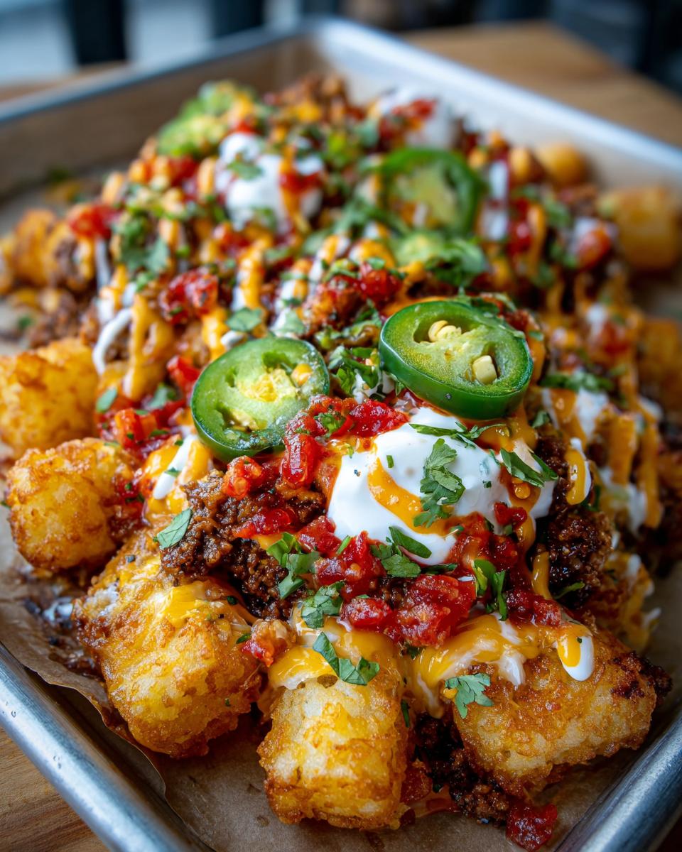 Close-up of a platter of loaded tater tot nachos topped with seasoned ground meat, cheese sauce, sour cream, and fresh jalapeƱo slices.