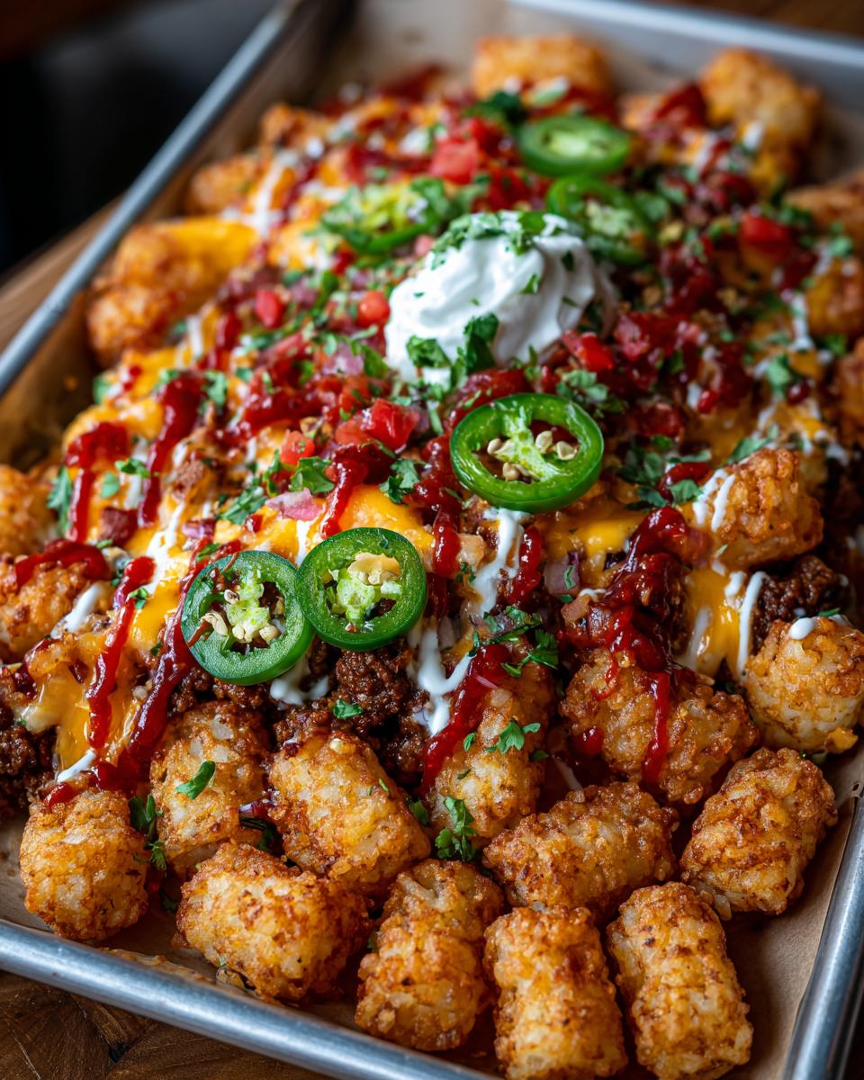 A close-up overhead view of fully loaded tater tot nachos covered in cheese, ground meat, sour cream, and jalapeƱos.