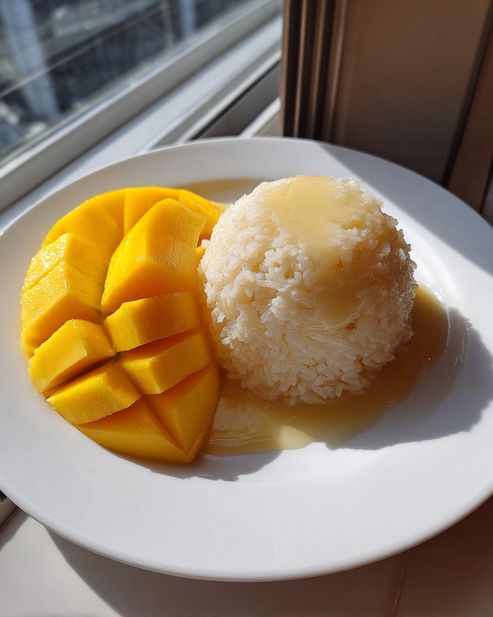 A white plate featuring sliced fresh mango next to a mound of sweet sticky rice topped with coconut cream sauce, creating delicious mango sticky rice.