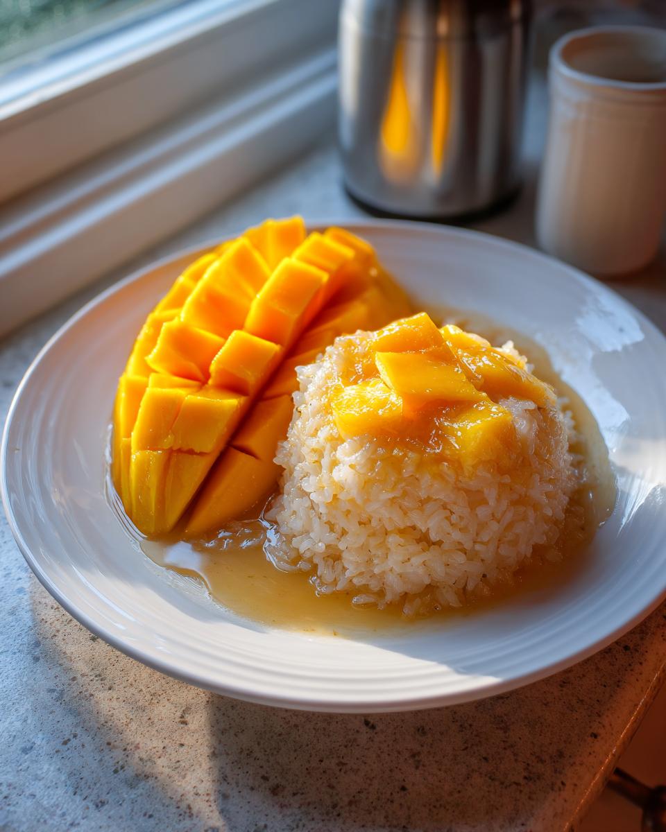 A beautiful plate of mango sticky rice featuring perfectly sliced, bright yellow mango next to sweet coconut rice.