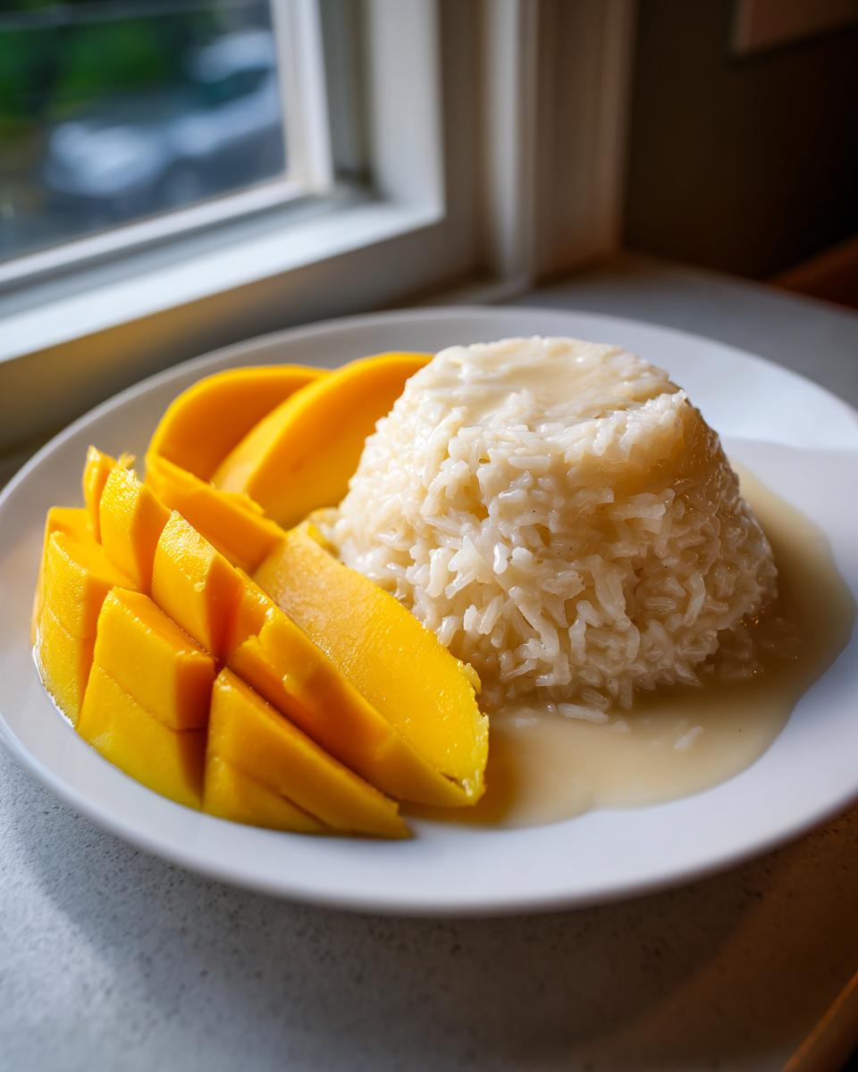 A perfectly molded serving of sweet sticky rice drizzled with coconut sauce, accompanied by bright yellow slices of fresh mango, illustrating mango sticky rice.