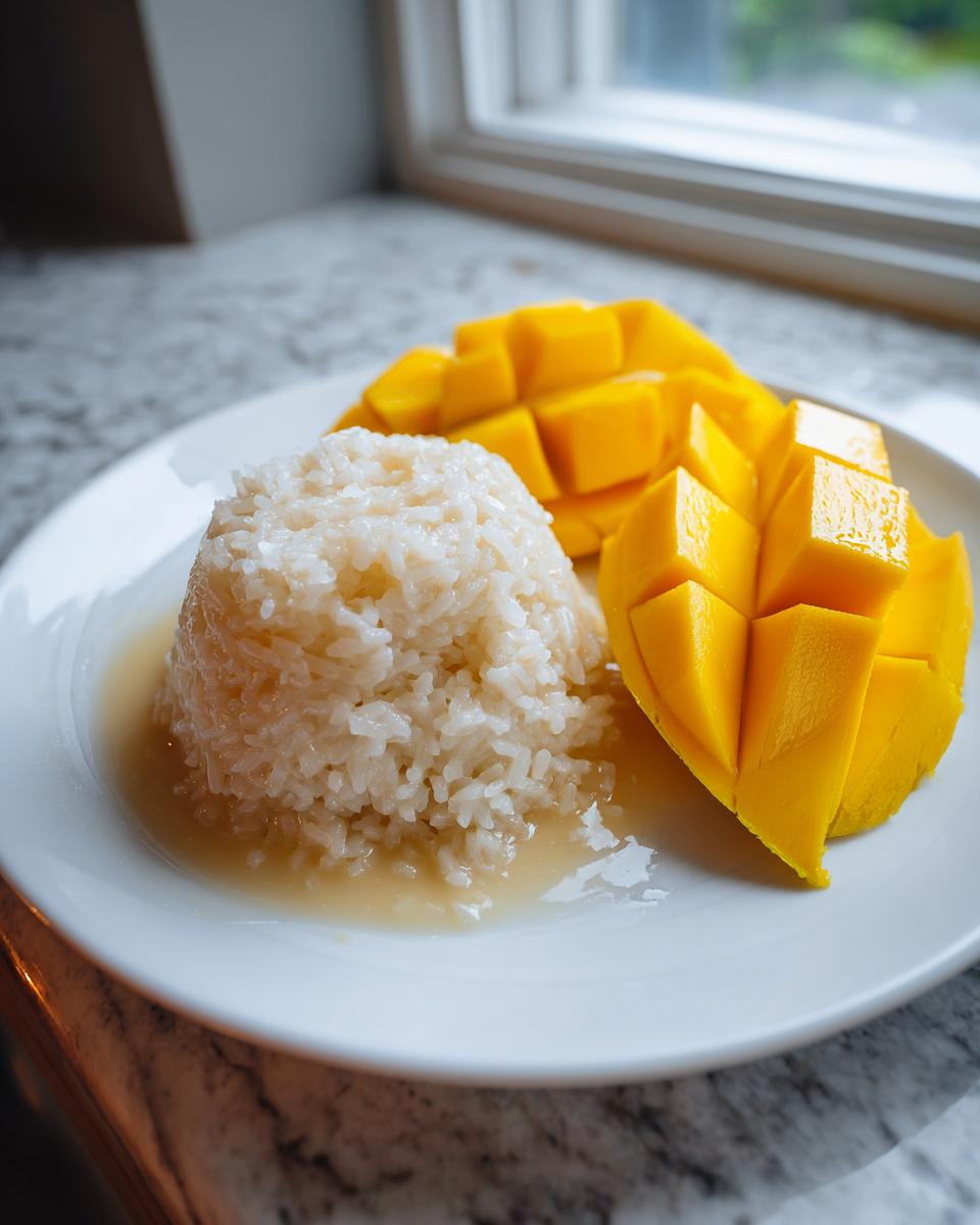 A serving of mango sticky rice featuring sweet sticky rice drizzled with sauce next to perfectly cubed, bright yellow mango.