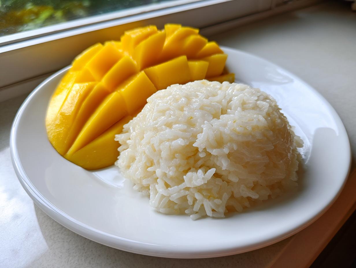 A bright serving of mango sticky rice featuring sliced yellow mango next to a mound of sweet white rice on a white plate.