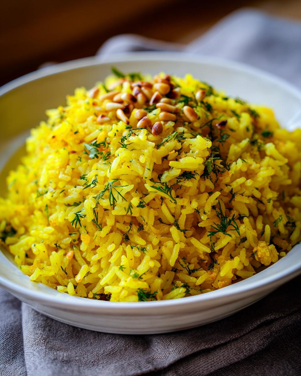Close-up of vibrant yellow mediterranean rice mixed with fresh dill and topped with toasted pine nuts.