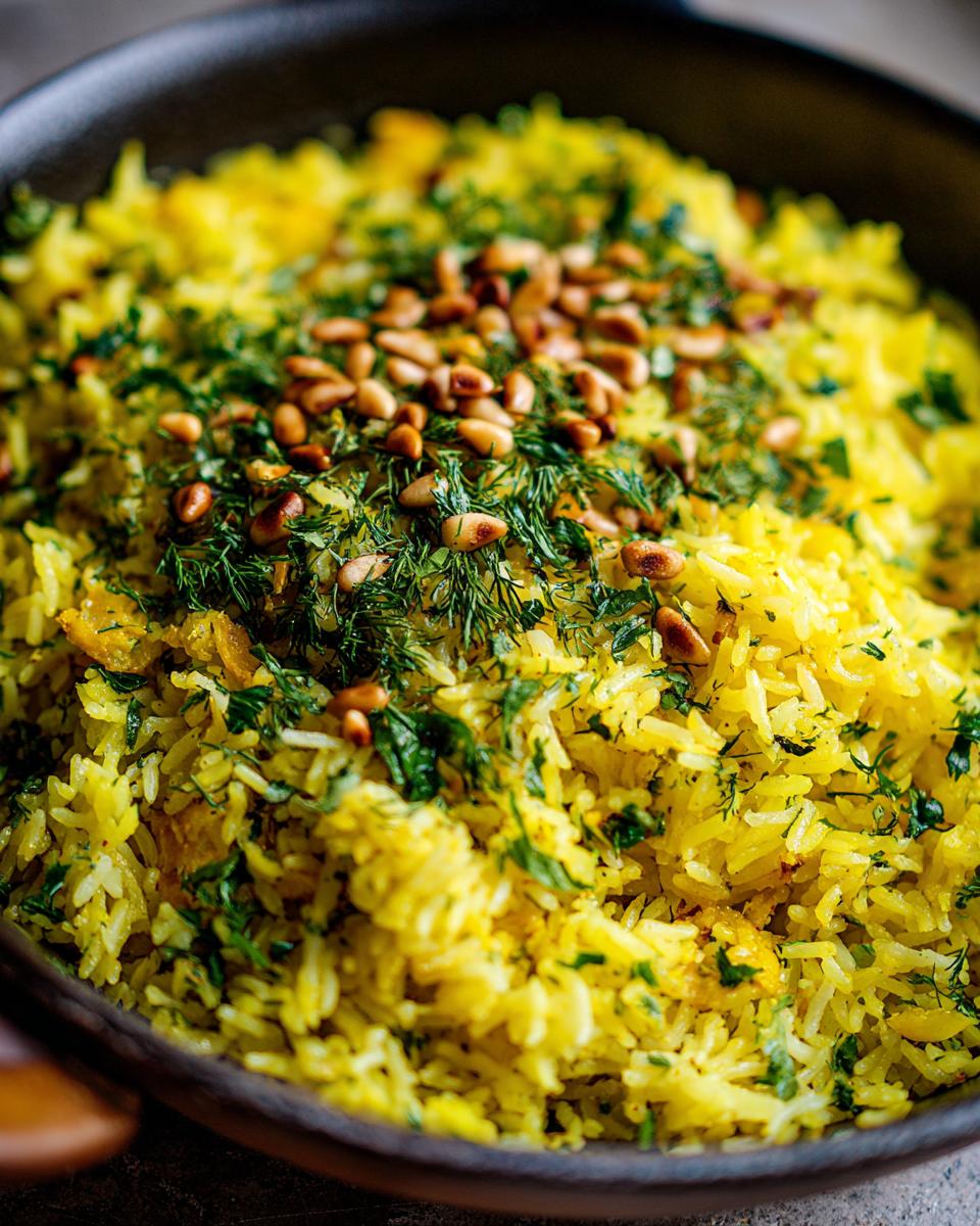 Close-up of bright yellow Mediterranean rice topped with fresh dill, parsley, and toasted pine nuts.