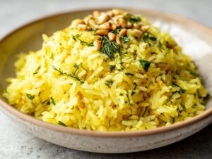 Close-up of bright yellow Mediterranean rice garnished with fresh herbs and toasted pine nuts in a rustic bowl.