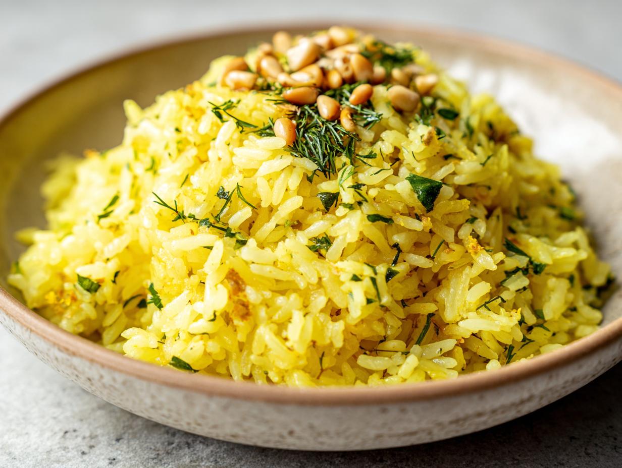 Close-up of bright yellow Mediterranean rice garnished with fresh herbs and toasted pine nuts in a rustic bowl.