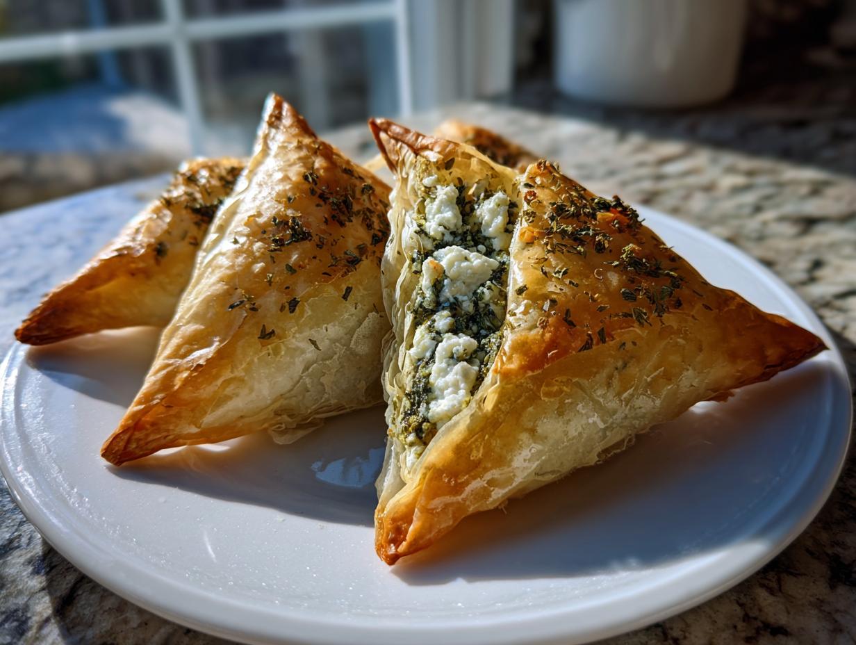 Close-up of golden brown Mediterranean Spinach and Feta Cheese Crisps sprinkled with herbs on a white plate.