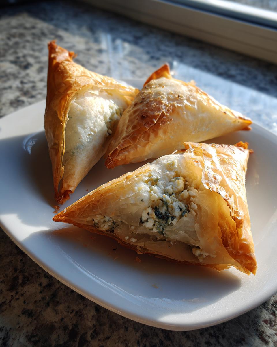 Three golden, flaky triangles of Mediterranean Spinach and Feta Cheese Crisps served on a white plate.