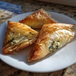 Three golden-brown, flaky Mediterranean Spinach and Feta Cheese Crisps triangles served on a white plate.