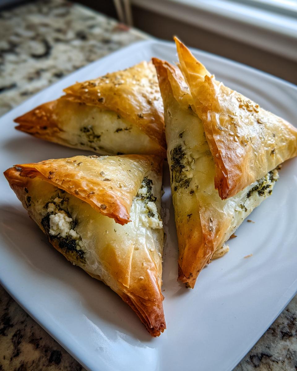 Three golden-brown, triangular Mediterranean Spinach and Feta Cheese Crisps with visible spinach and feta filling on a white plate.