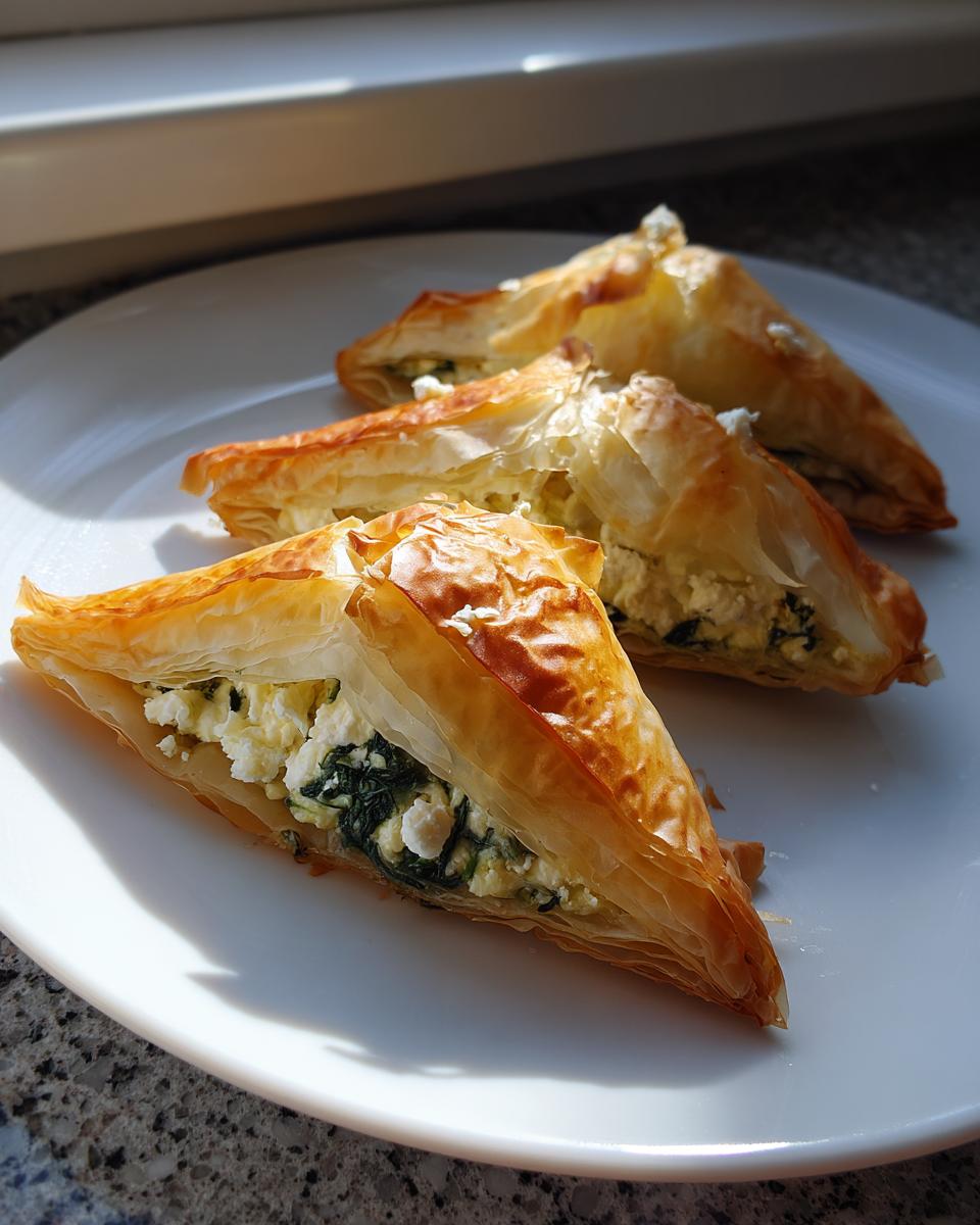 Three golden, flaky Mediterranean Spinach and Feta Cheese Crisps triangles served on a white plate.