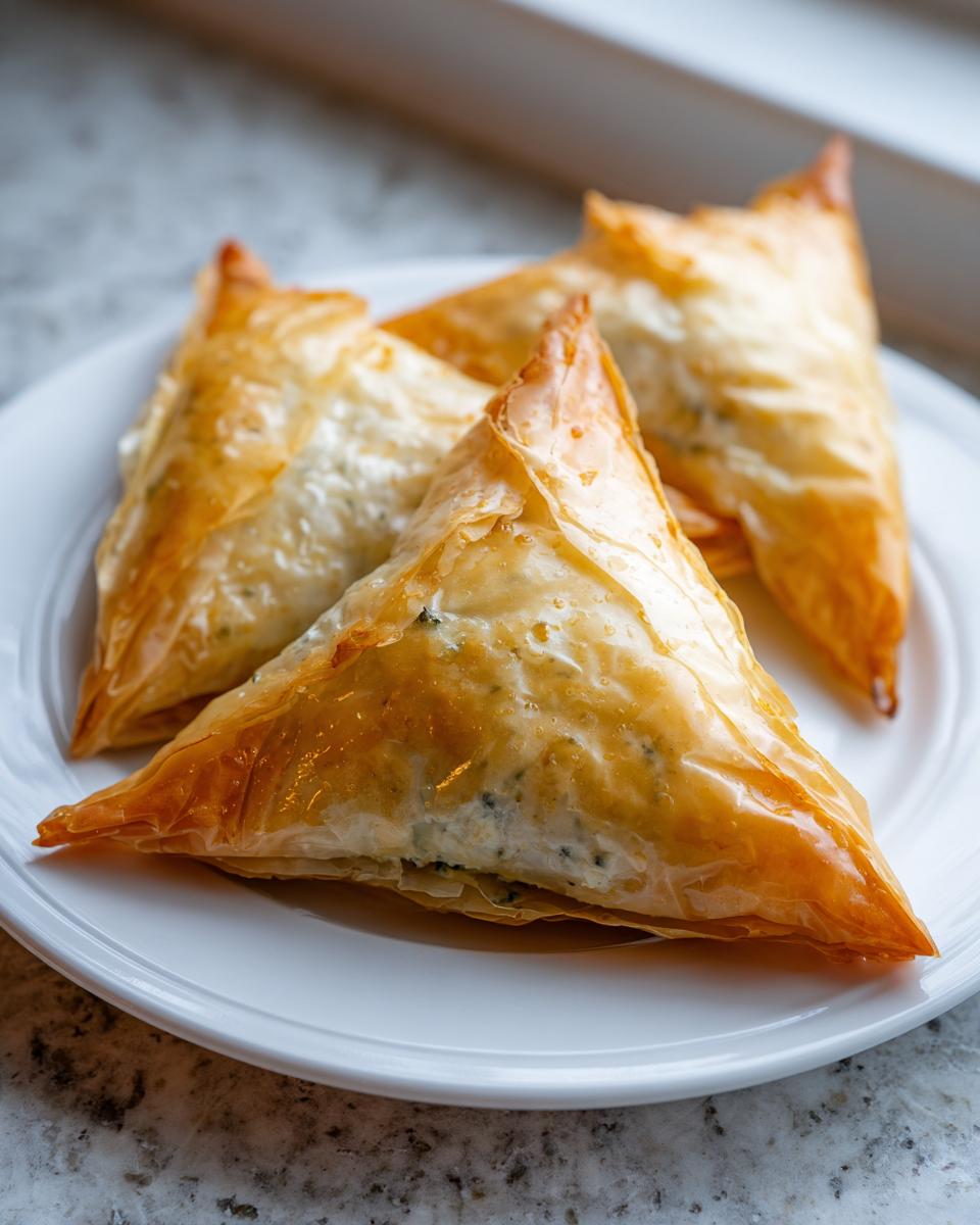 Three golden-brown, flaky Mediterranean Spinach and Feta Cheese Crisps triangles served on a white plate.