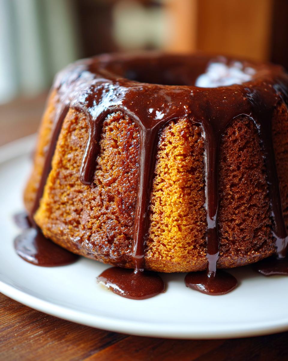 Close-up of a moist bacardi rum cake, a golden bundt cake drizzled heavily with dark chocolate glaze.