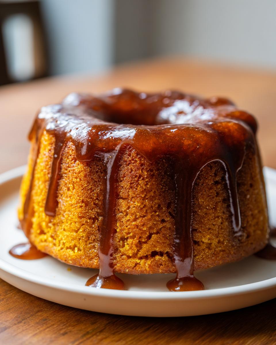 Close-up of a moist bacardi rum cake, golden brown and covered in thick, dripping rum glaze.