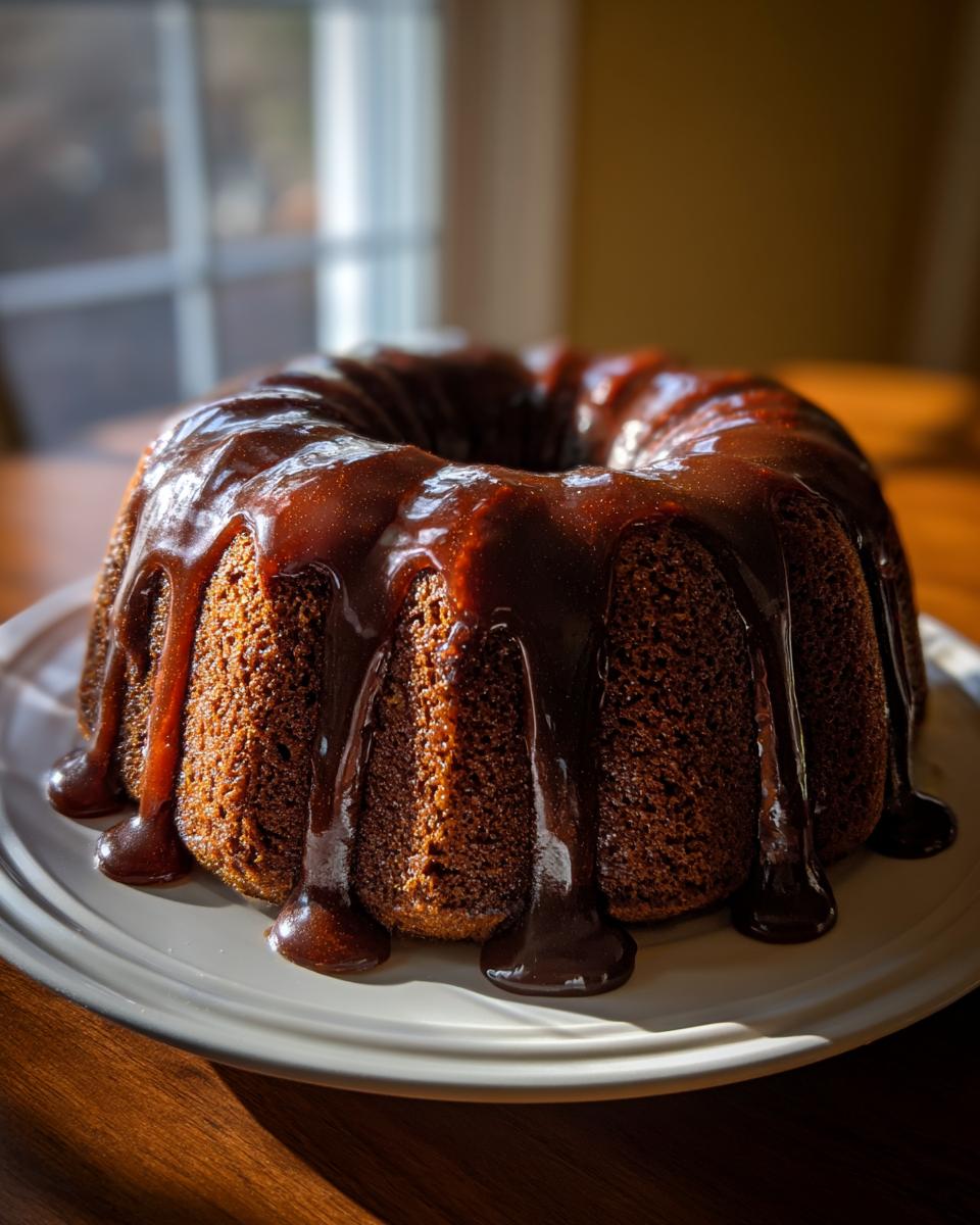 A rich, dark brown bacardi rum cake in a bundt shape, generously covered in a thick, glossy chocolate glaze.