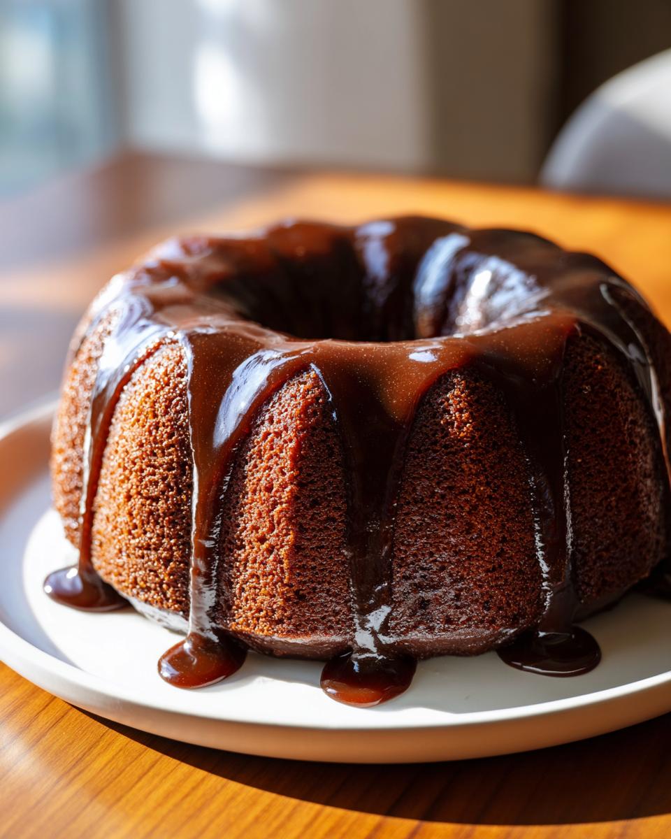 A freshly baked bacardi rum cake, dark brown and moist, topped with a thick, glossy chocolate glaze dripping down the sides.