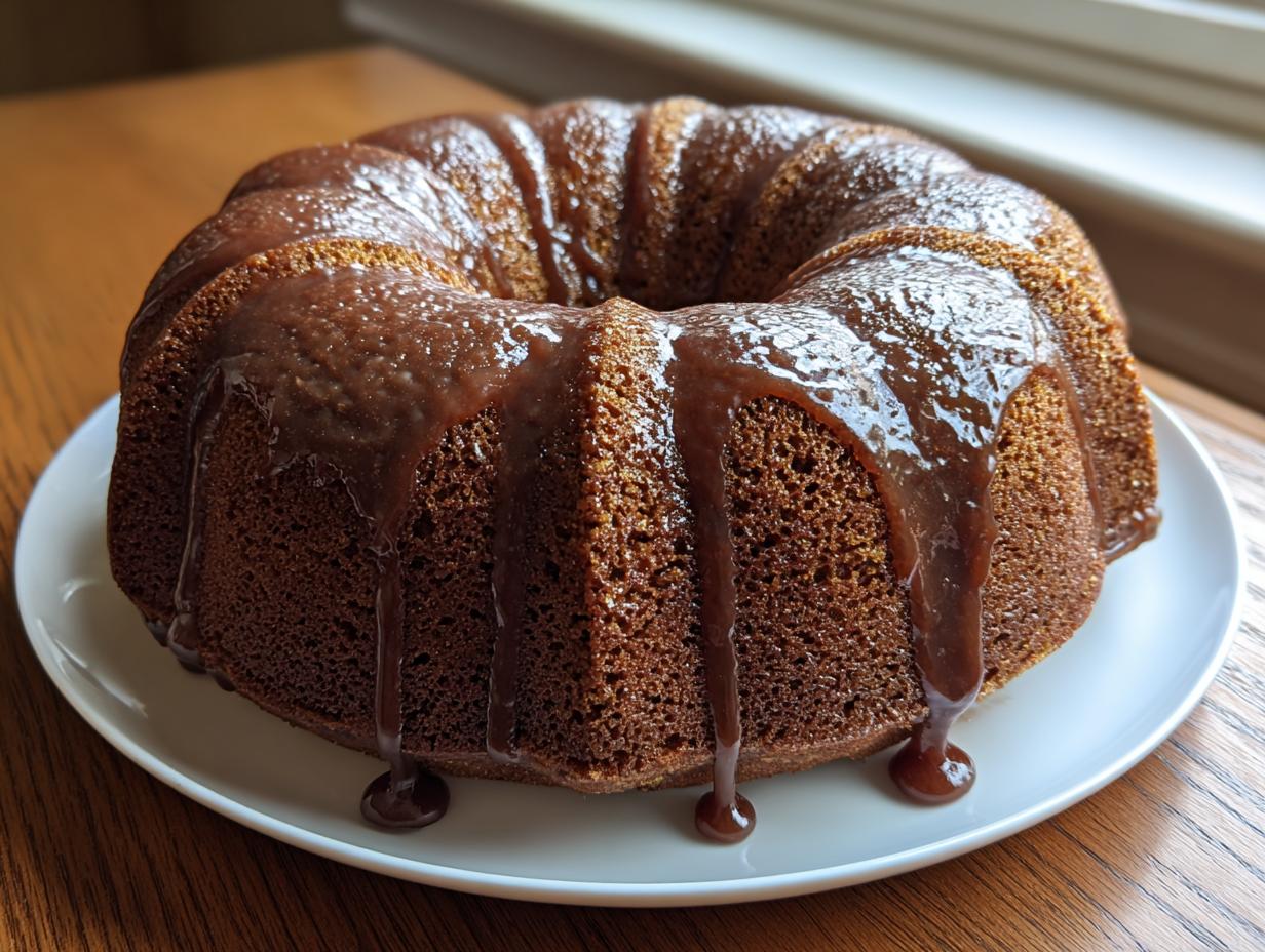 A whole, freshly baked bacardi rum cake on a white plate, generously drizzled with a thick, glossy brown glaze.