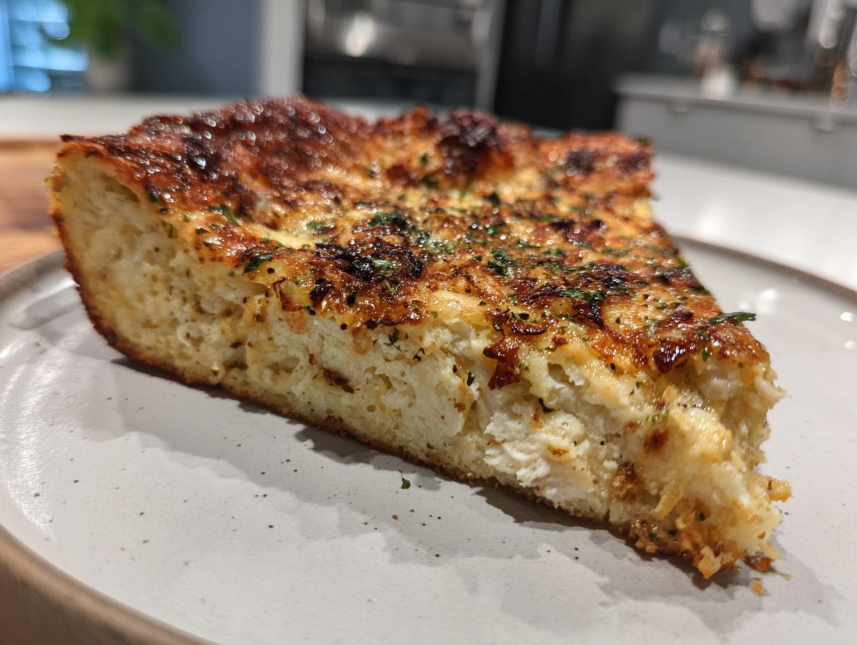 A thick slice of a savory casserole, likely made with shredded baked chicken breast, featuring a golden-brown, cheesy top.