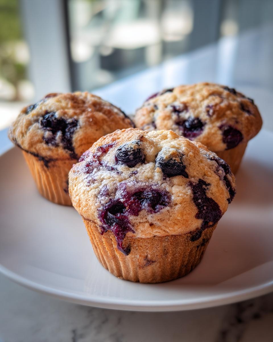 Three moist blueberry protein muffins with golden tops sitting on a white plate near a window.