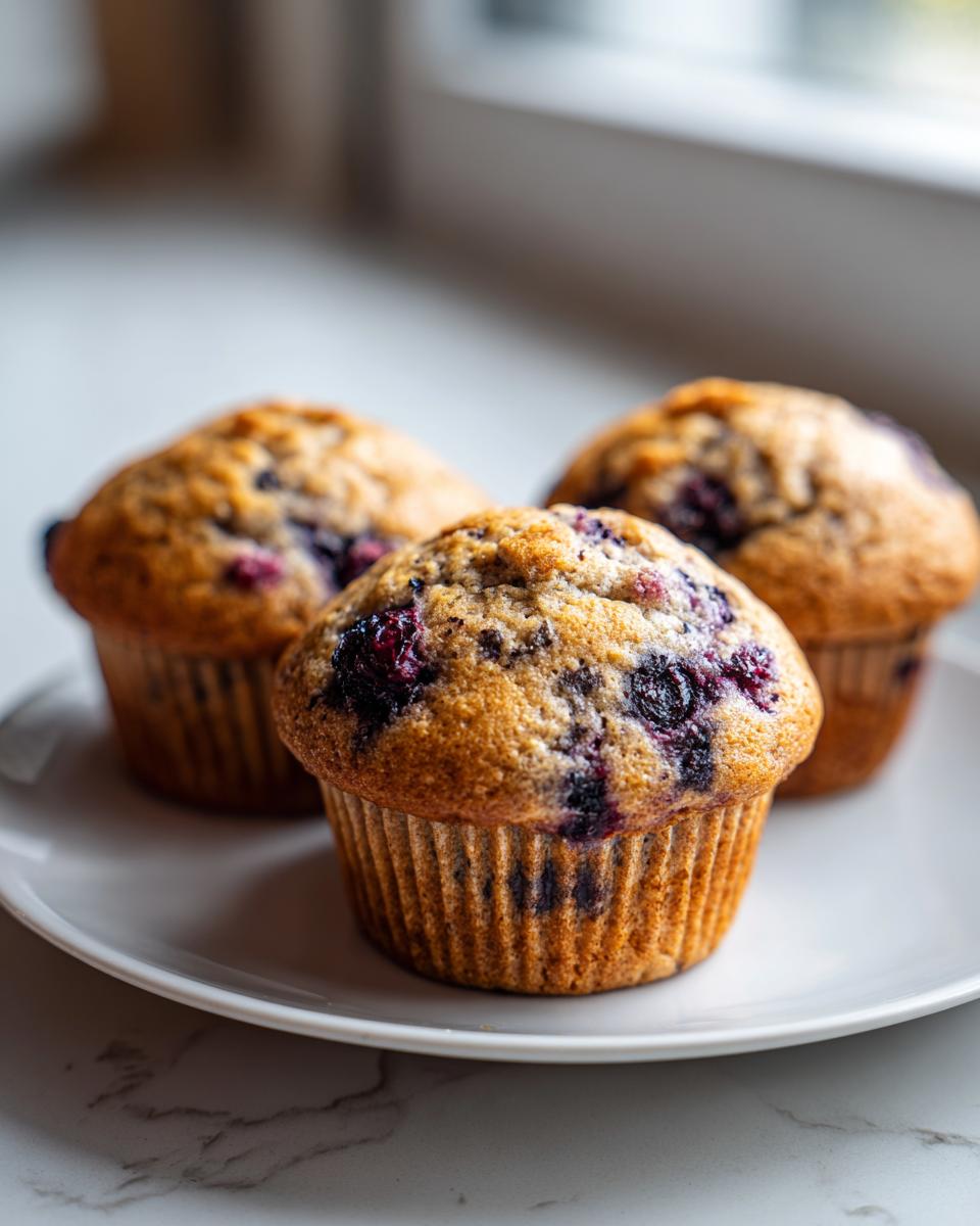 Close-up of three golden brown blueberry protein muffins resting on a white plate.