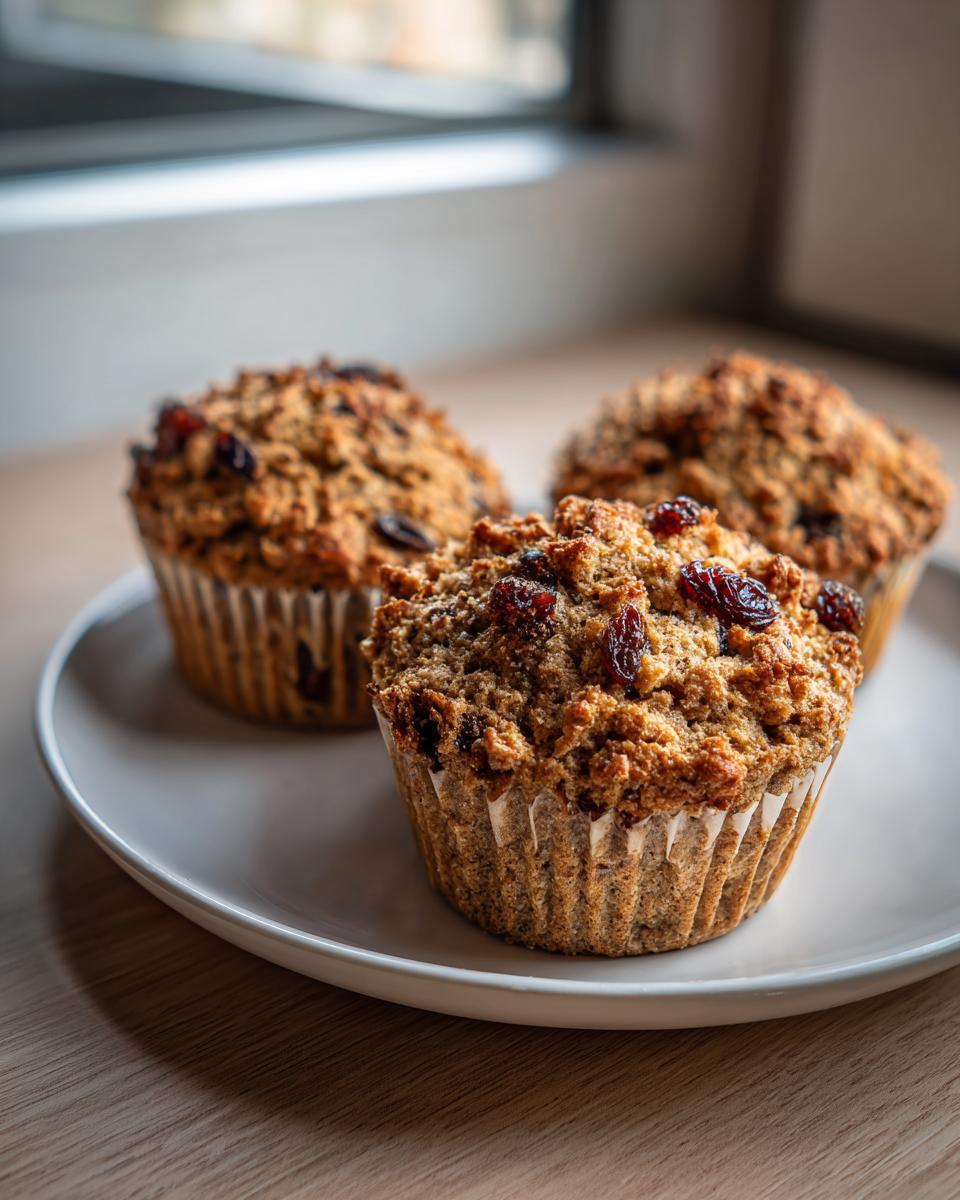 Three moist bran muffins topped with a streusel and dried cranberries resting on a white plate.