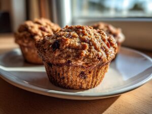 Close-up of a moist bran muffin with visible dried fruit on a white plate, backlit by sunlight.