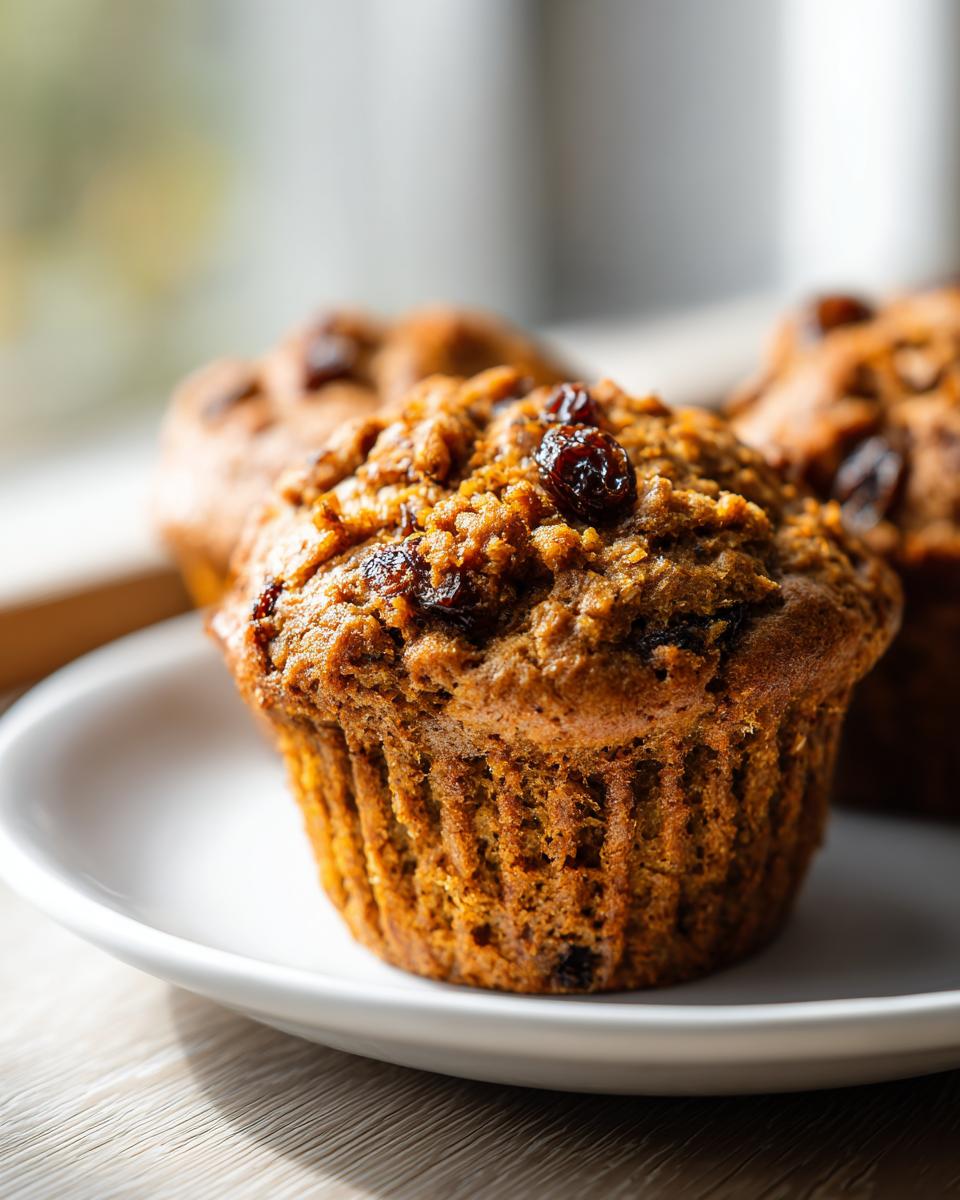 Close-up of a moist bran muffin topped with raisins, sitting on a white plate.