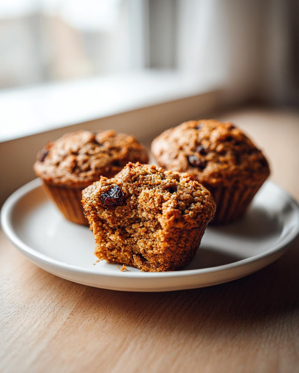 Close-up of three moist bran muffins, one broken open showing the texture and raisins, served on a white plate.