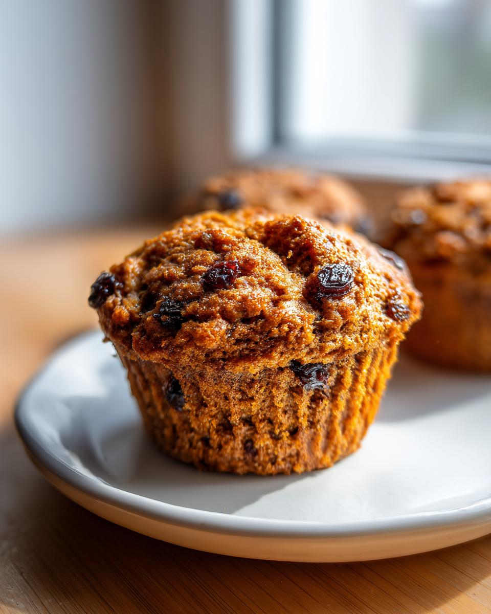 Close-up of a moist bran muffin studded with dark raisins, sitting on a white plate.