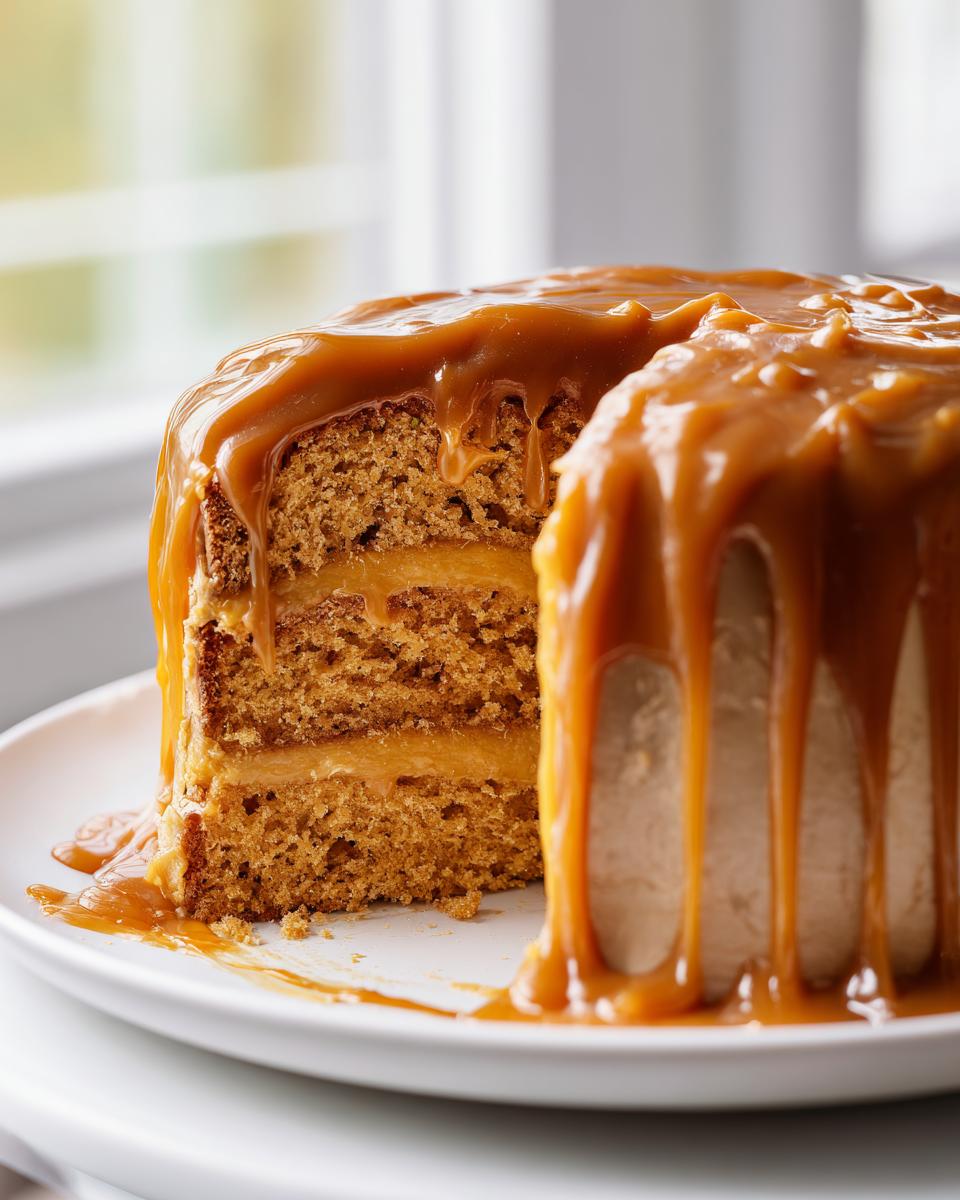 A moist slice of multi-layered caramel cake covered in thick, dripping caramel sauce.