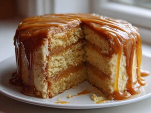 A slice cut out of a moist caramel cake, showing two layers filled and topped with thick, dripping caramel sauce.