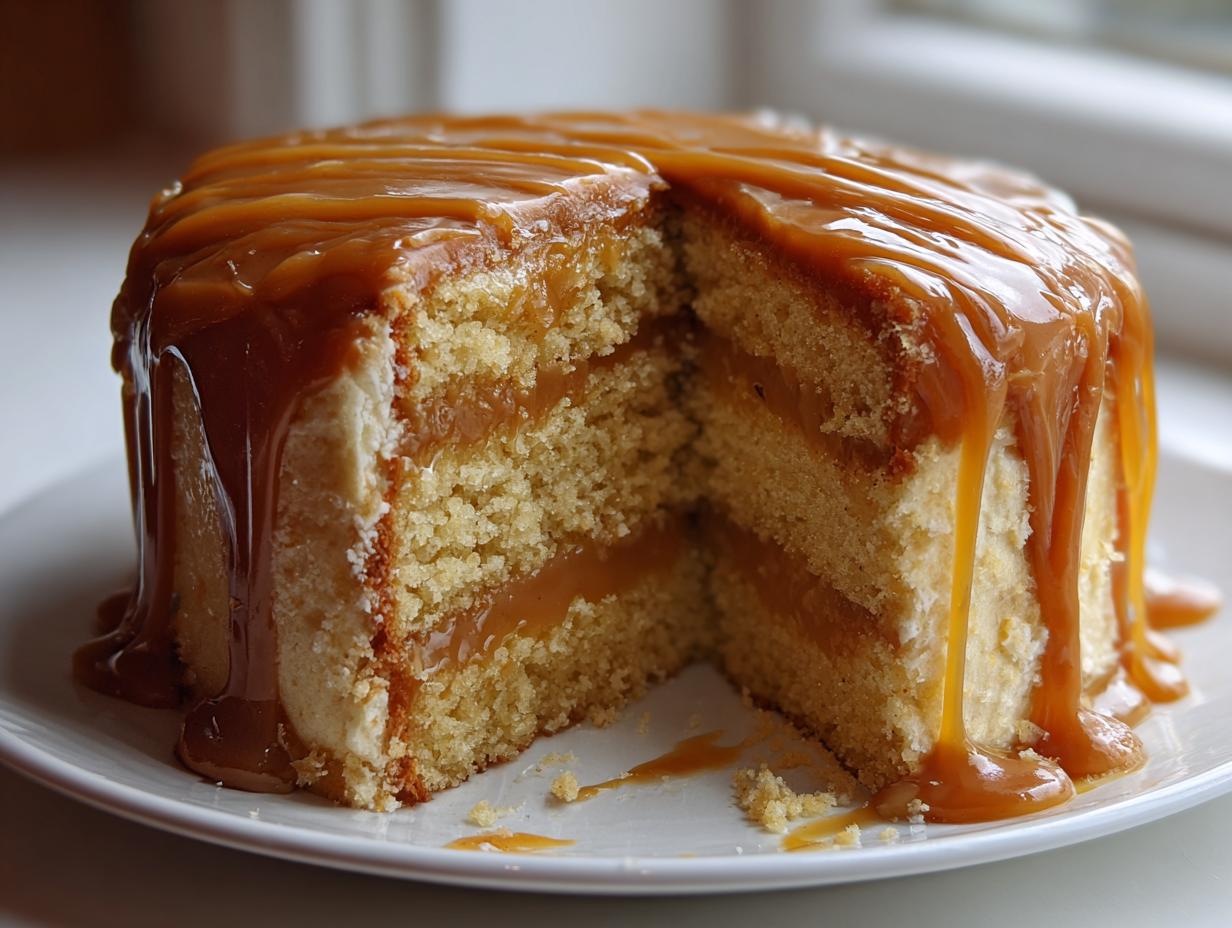A slice cut out of a moist caramel cake, showing two layers filled and topped with thick, dripping caramel sauce.