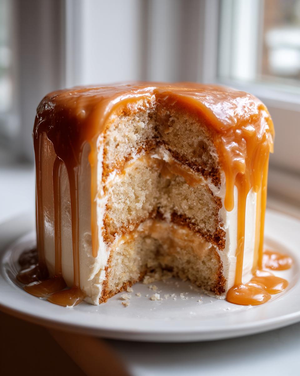 Close-up of a slice removed from a moist, layered caramel cake covered in thick caramel drip icing.