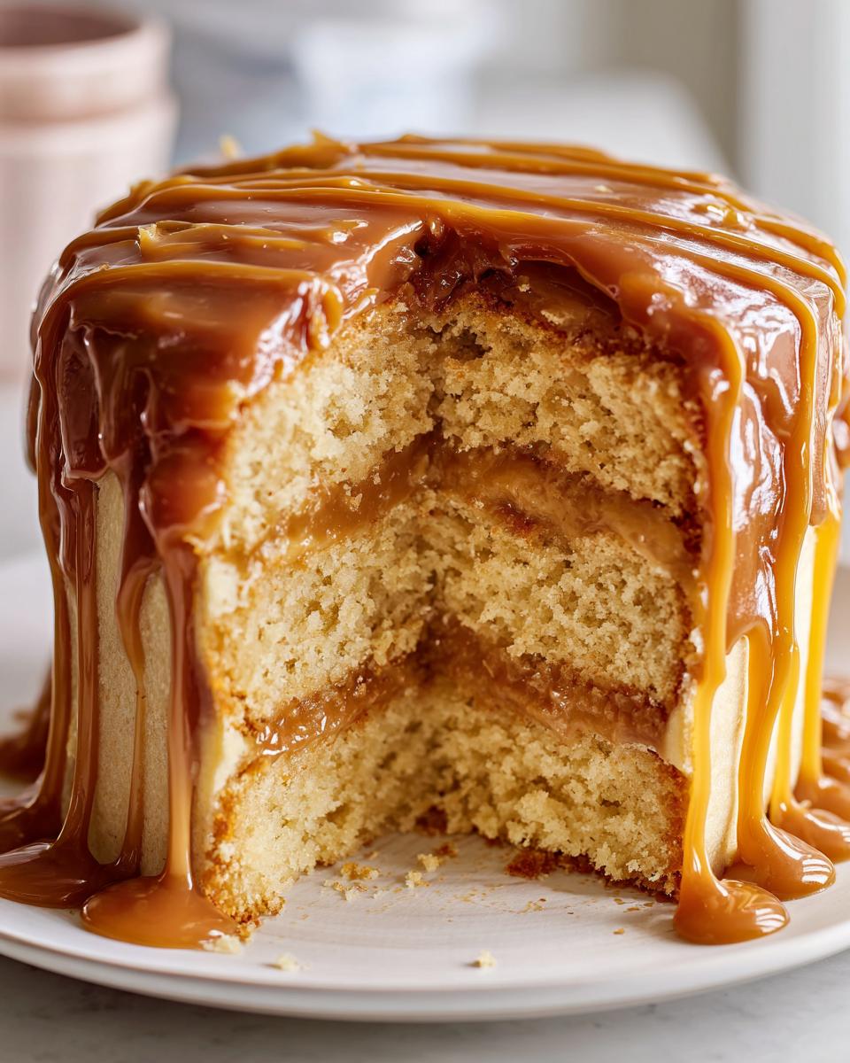 Close-up of a slice cut from a moist caramel cake showing three layers filled and topped with thick, dripping caramel sauce.