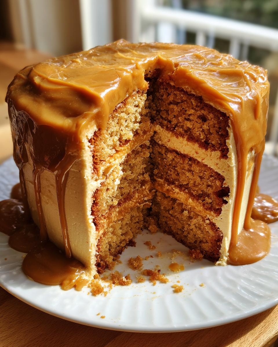 A moist, three-layer caramel cake with a thick caramel drip frosting, showing a slice removed to reveal the layers.