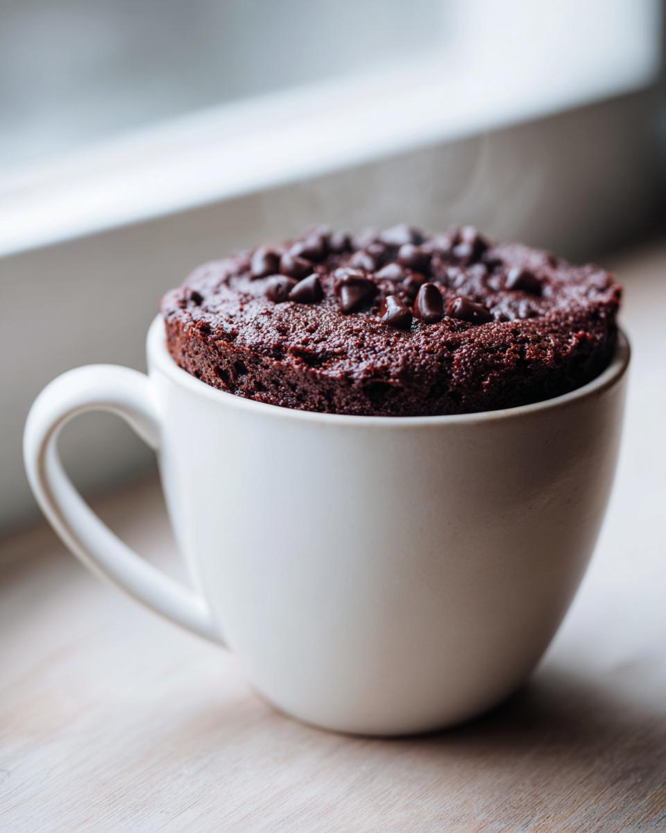 A rich, dark chocolate chip mug cake steaming slightly in a white ceramic mug.